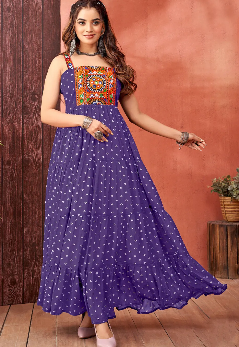 Bandhej Printed Georgette Tiered Gown in Purple