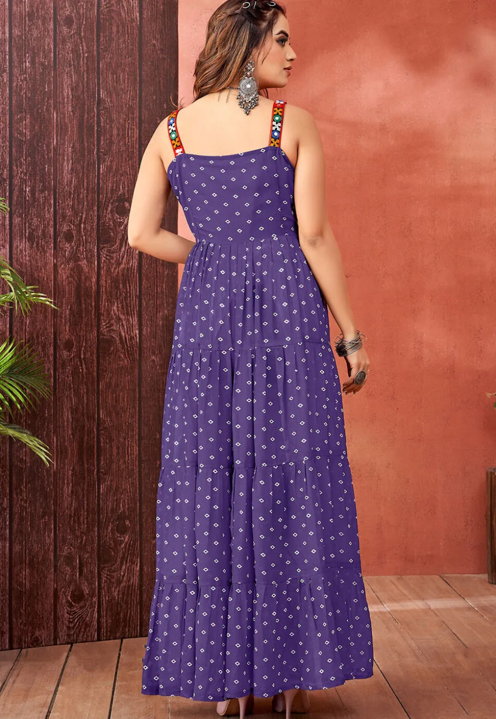 Bandhej Printed Georgette Tiered Gown in Purple