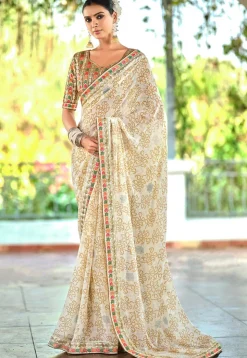 Bandhej Printed Georgette Saree in Off White