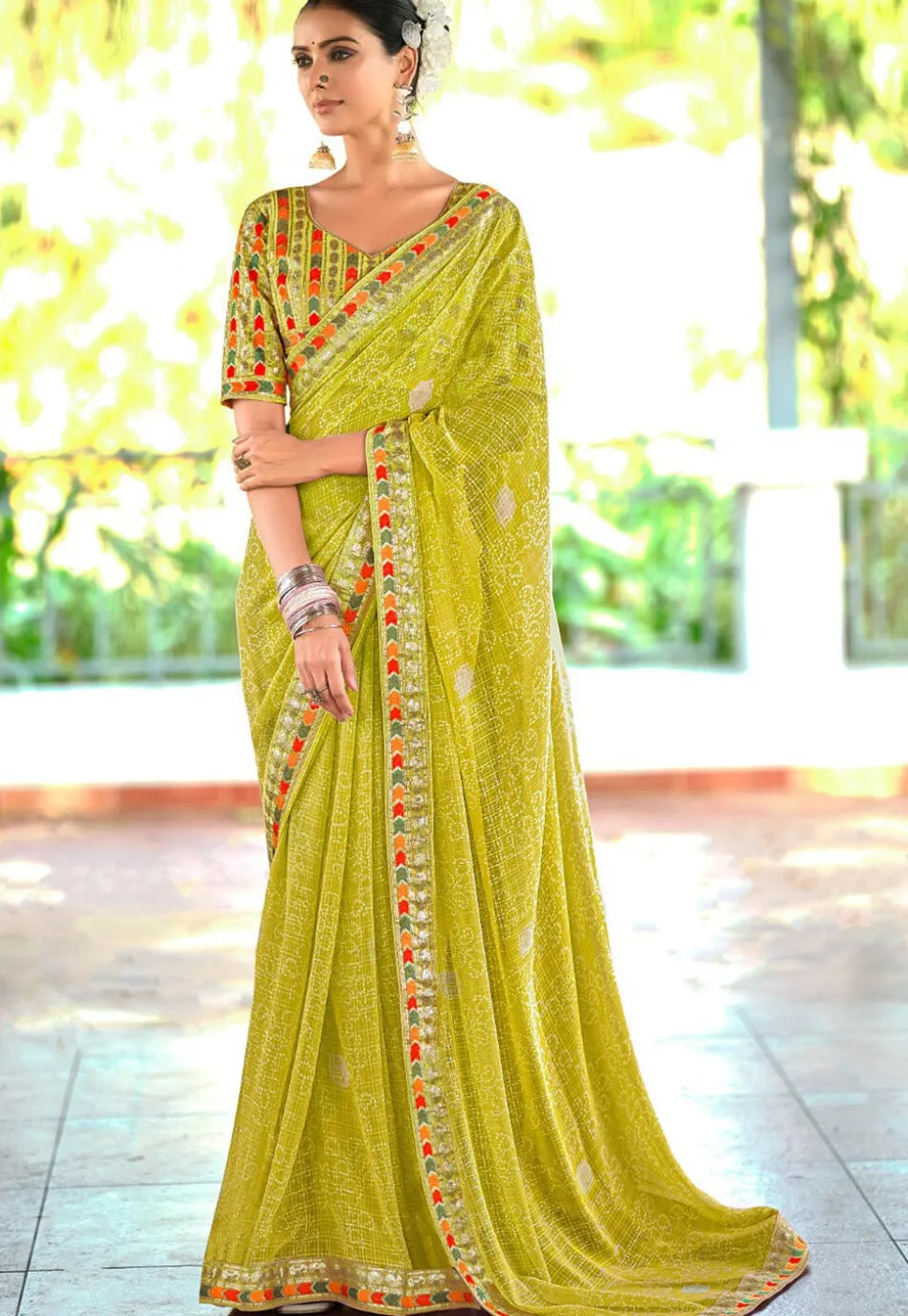 Bandhej Printed Georgette Saree in Light Green