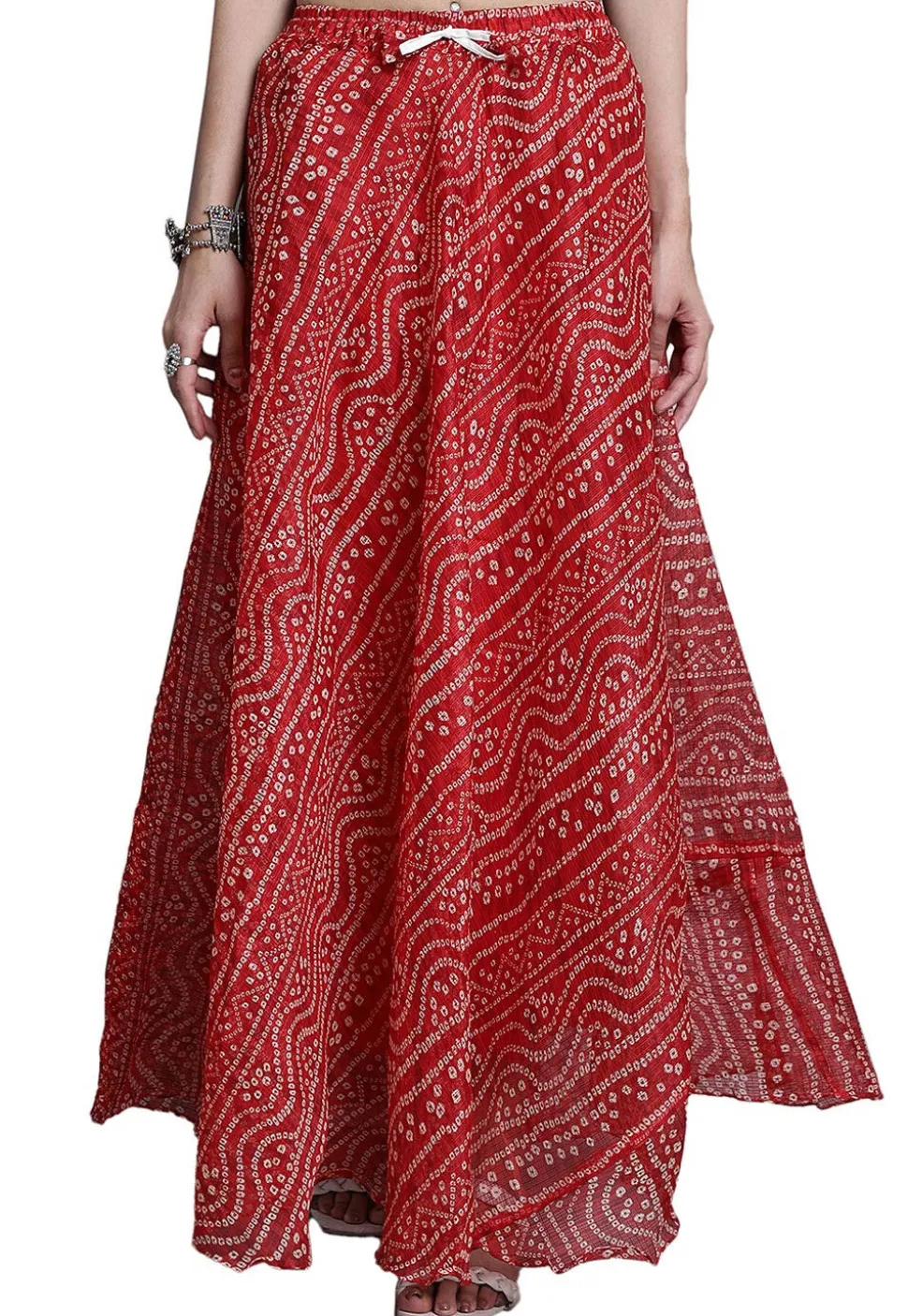 Bandhej Printed Kota Doria Skirt in Red