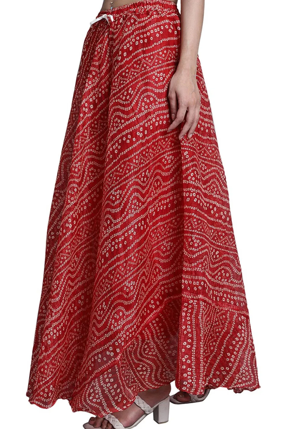 Bandhej Printed Kota Doria Skirt in Red