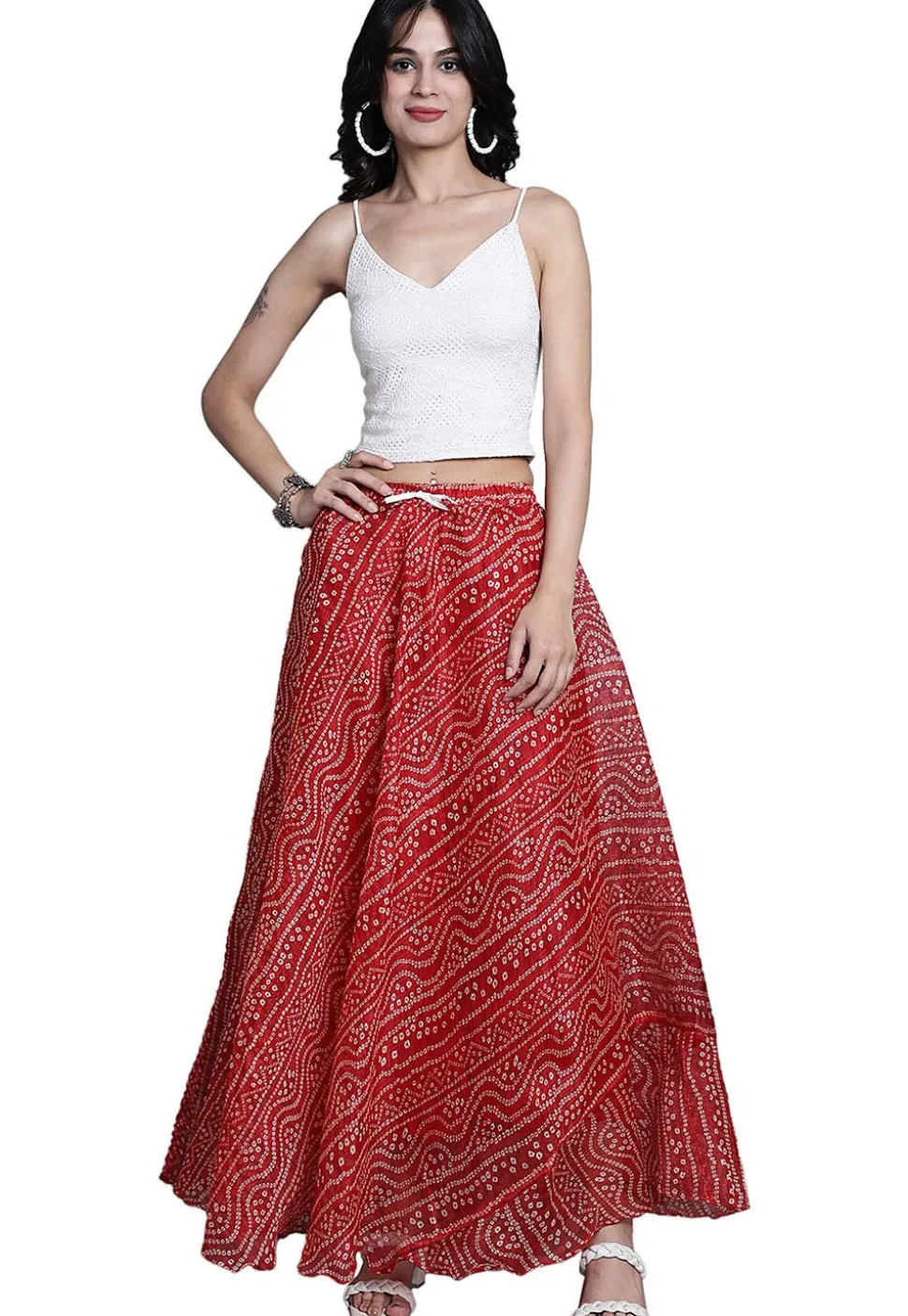 Bandhej Printed Kota Doria Skirt in Red