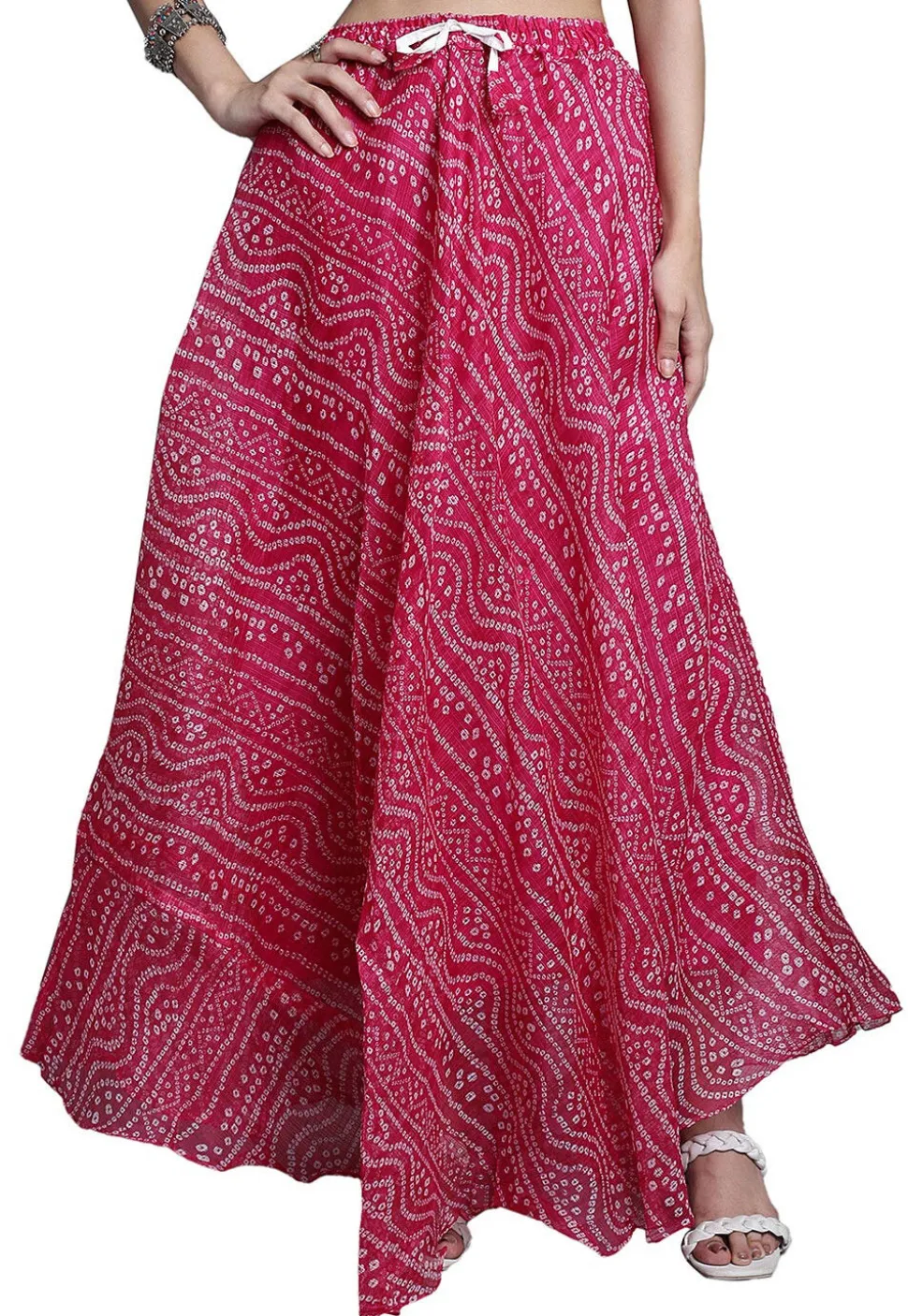 Bandhej Printed Kota Doria Skirt in Magenta