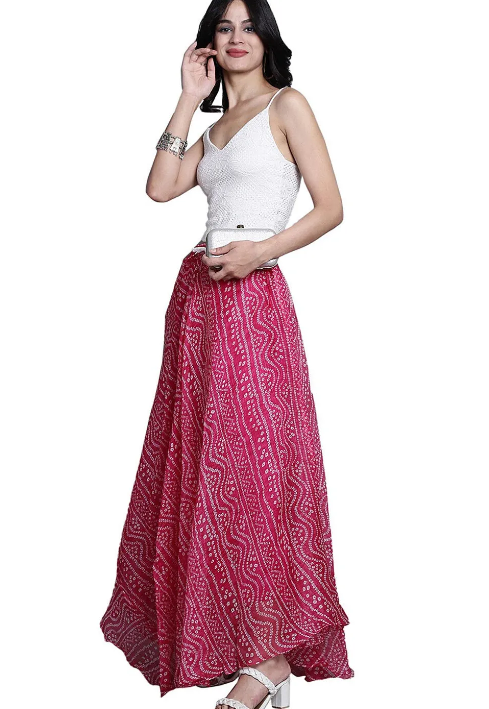 Bandhej Printed Kota Doria Skirt in Magenta