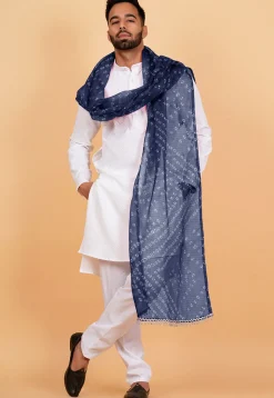 Bandhej Printed Kota Doria Dupatta in Navy Blue