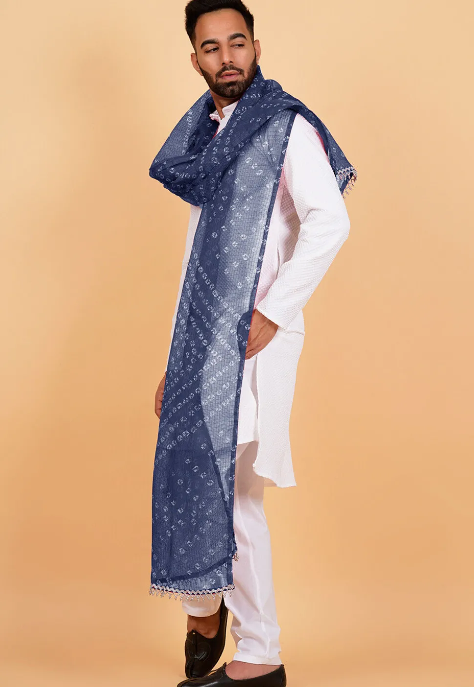 Bandhej Printed Kota Doria Dupatta in Navy Blue