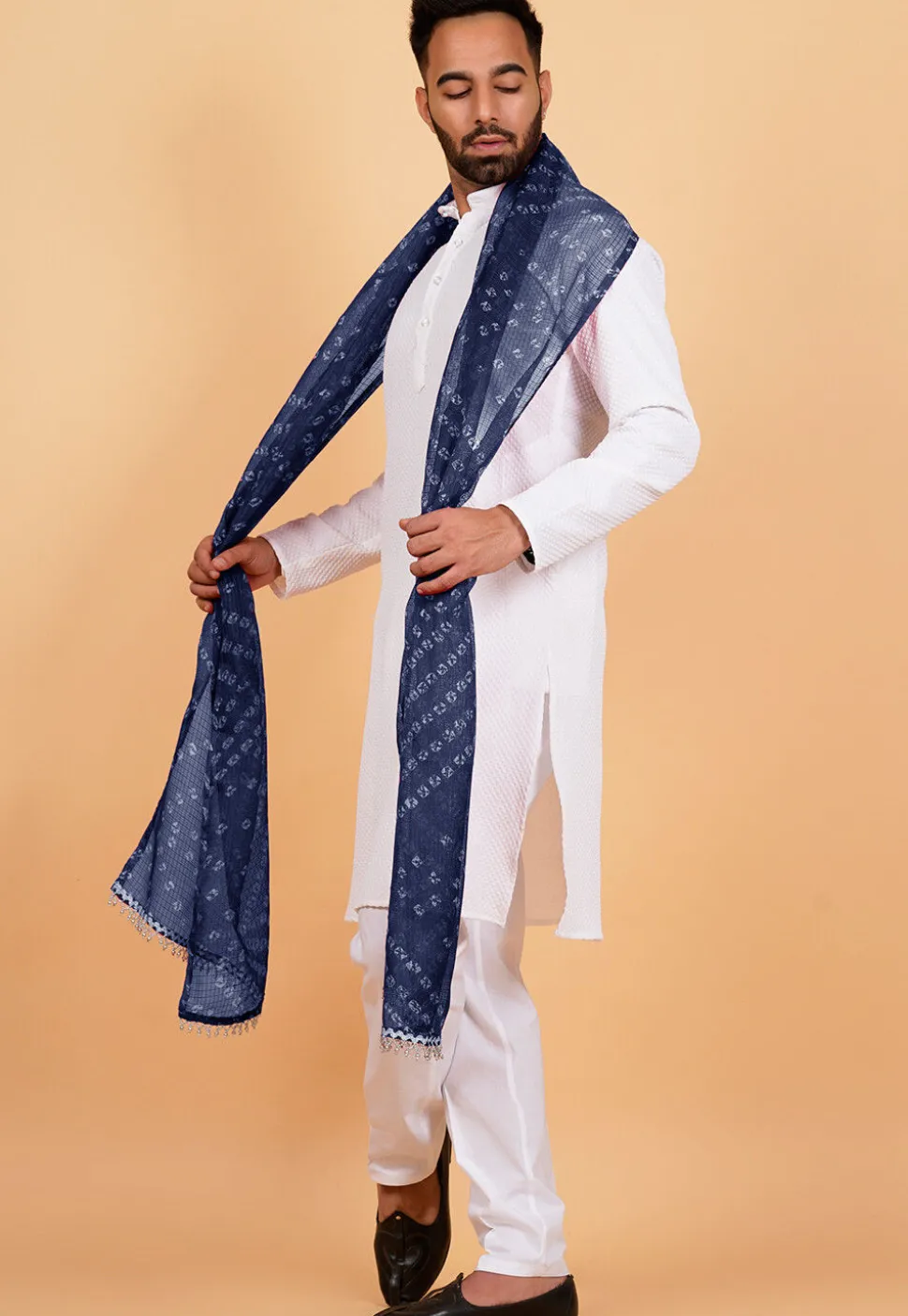 Bandhej Printed Kota Doria Dupatta in Navy Blue