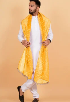 Bandhej Printed Kota Doria Dupatta in Mustard