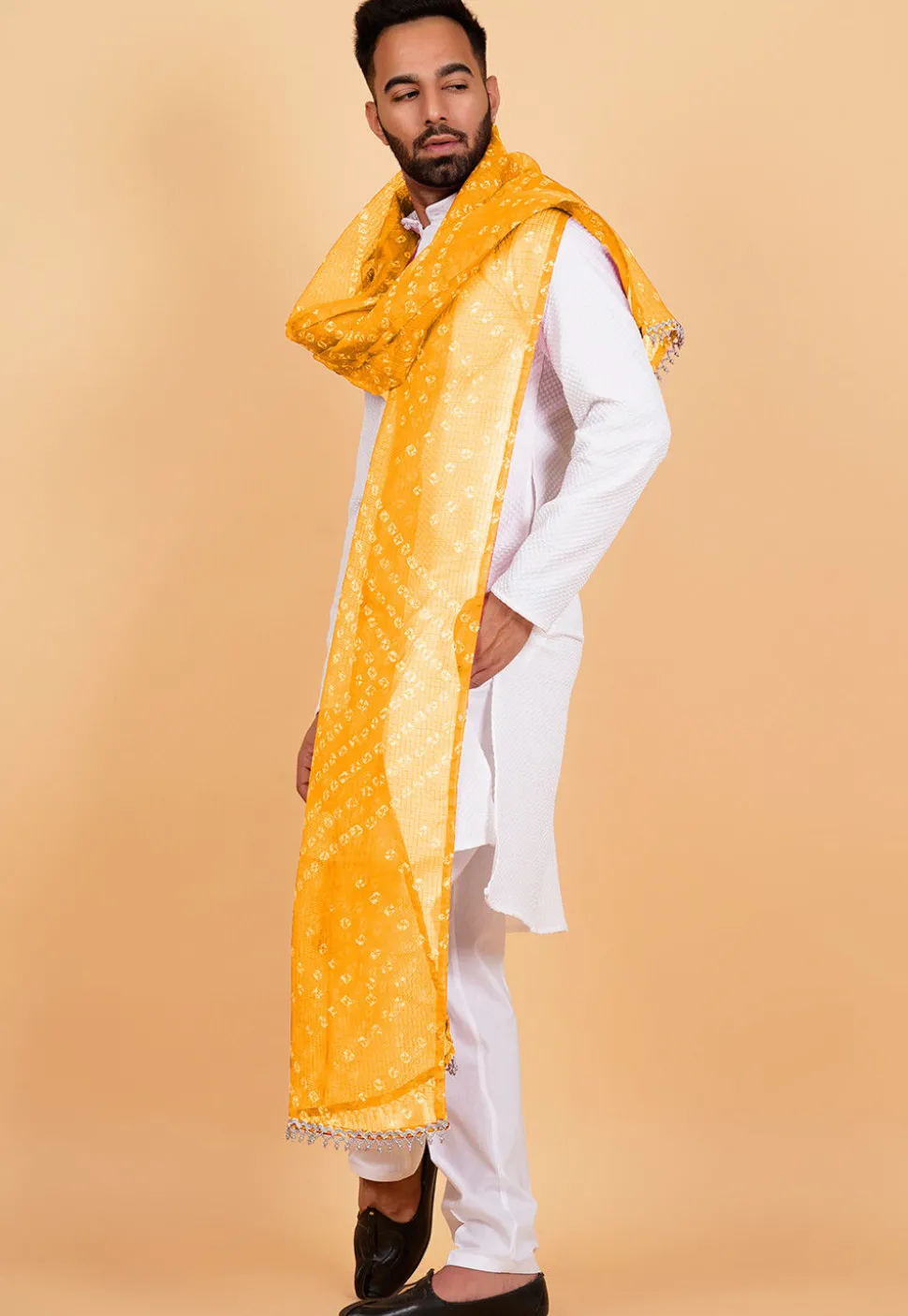 Bandhej Printed Kota Doria Dupatta in Mustard