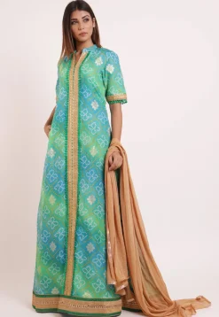 Bandhej Printed Kota Silk Abaya Style Suit in Shaded Green And Blue