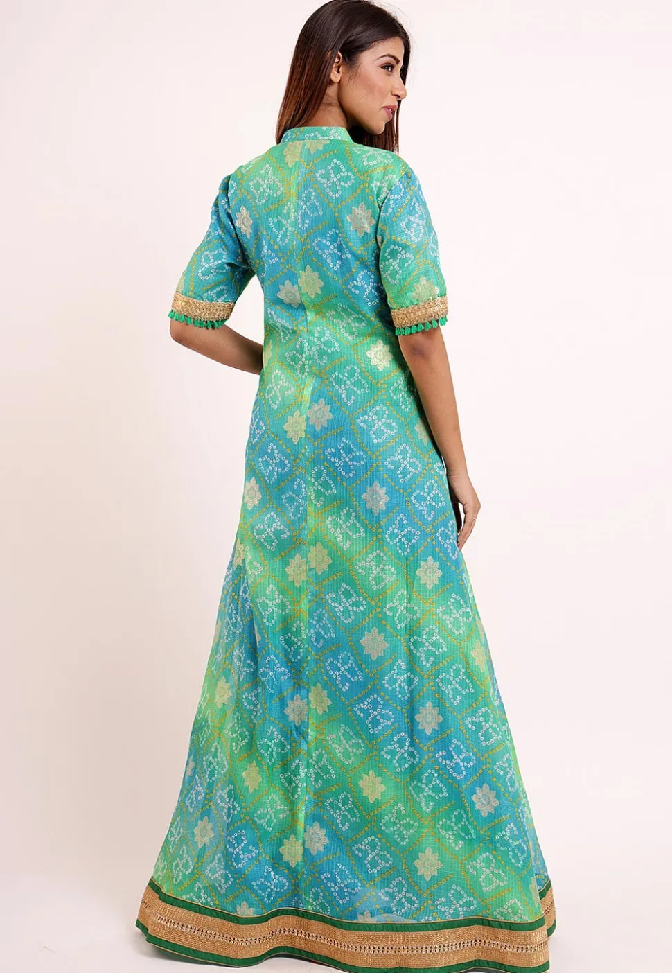 Bandhej Printed Kota Silk Abaya Style Suit in Shaded Green And Blue