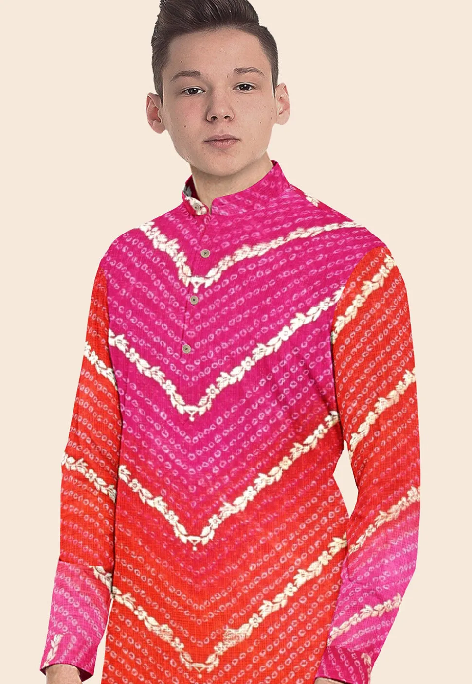 Bandhej Printed Kota Silk Kurta in Shaded Orange and Pink