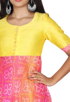 Bandhej Printed Kota Silk Abaya Style Suit in Pink and Yellow