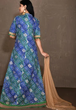 Bandhej Printed Kota Silk Abaya Style Suit in Teal Green and Blue
