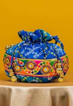 Bandhej Printed Kota Silk Potli Bag in Shaded Blue