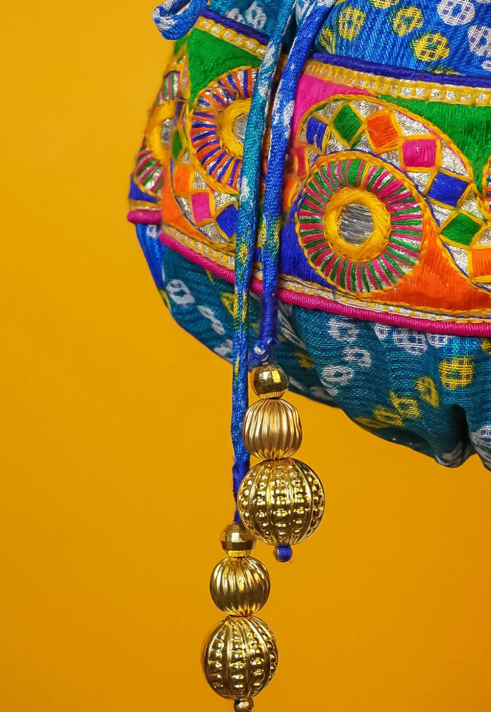 Bandhej Printed Kota Silk Potli Bag in Shaded Blue