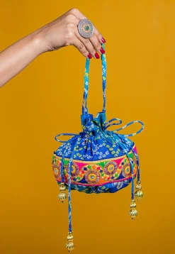 Bandhej Printed Kota Silk Potli Bag in Shaded Blue
