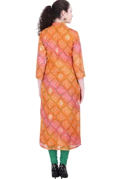 Bandhej Printed Kota Silk Straight Suit in Shaded Orange and Pink