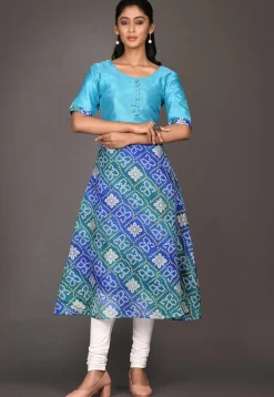 Bandhej Printed Kota Silk A Line Kurta in Blue