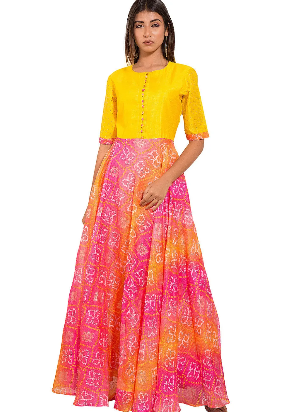 Bandhej Printed Kota Silk Gown in Yellow and Pink
