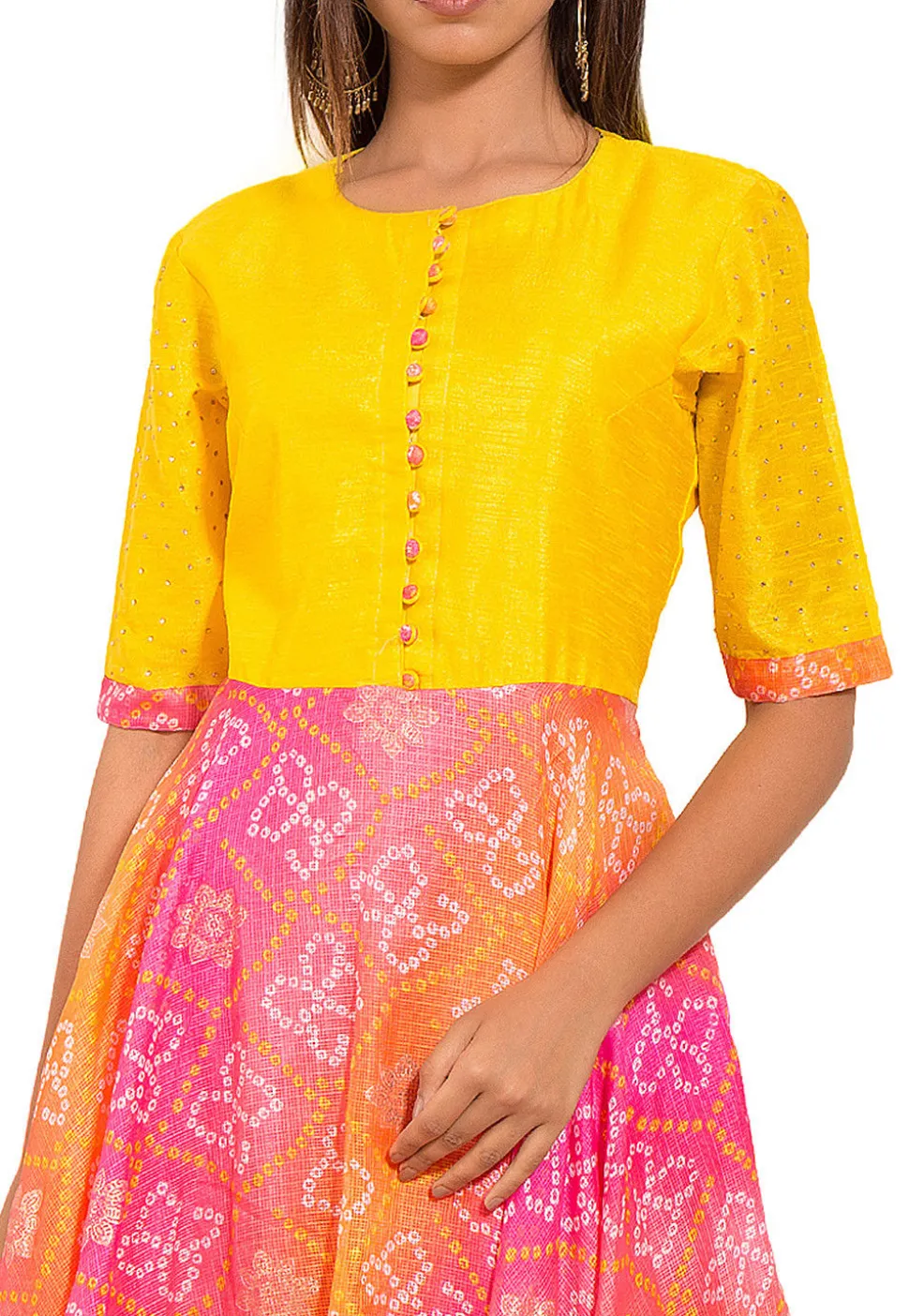 Bandhej Printed Kota Silk Gown in Yellow and Pink
