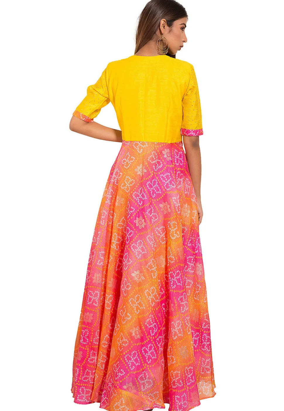Bandhej Printed Kota Silk Gown in Yellow and Pink