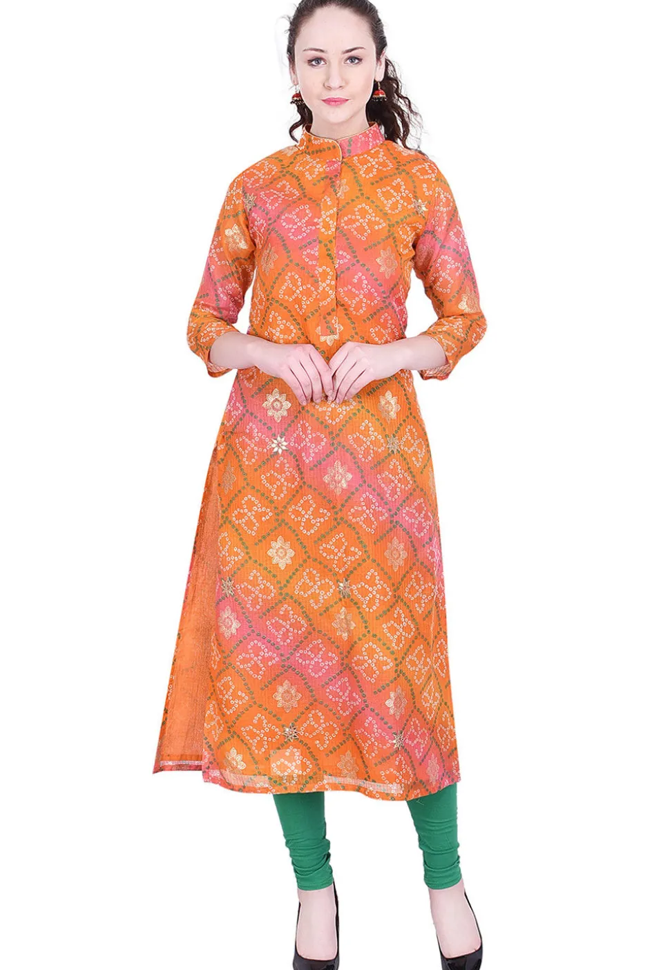 Bandhej Printed Kota Silk Kurta in Shaded Orange and Pink
