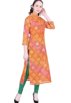 Bandhej Printed Kota Silk Kurta in Shaded Orange and Pink