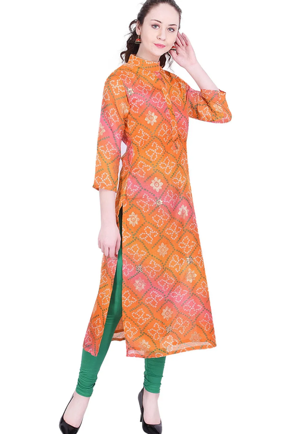 Bandhej Printed Kota Silk Kurta in Shaded Orange and Pink