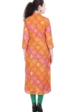 Bandhej Printed Kota Silk Kurta in Shaded Orange and Pink