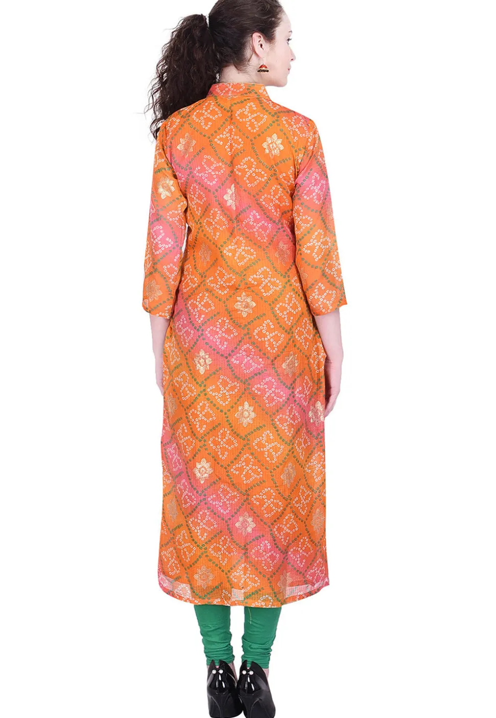 Bandhej Printed Kota Silk Kurta in Shaded Orange and Pink