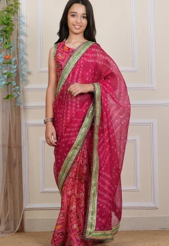 Bandhej Printed Kota Silk Saree in Fuchsia