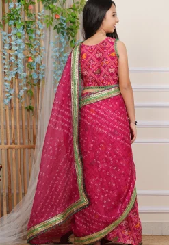 Bandhej Printed Kota Silk Saree in Fuchsia