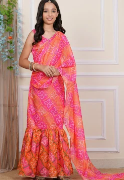 Bandhej Printed Kota Silk Gown with Attached Dupatta in Multicolor