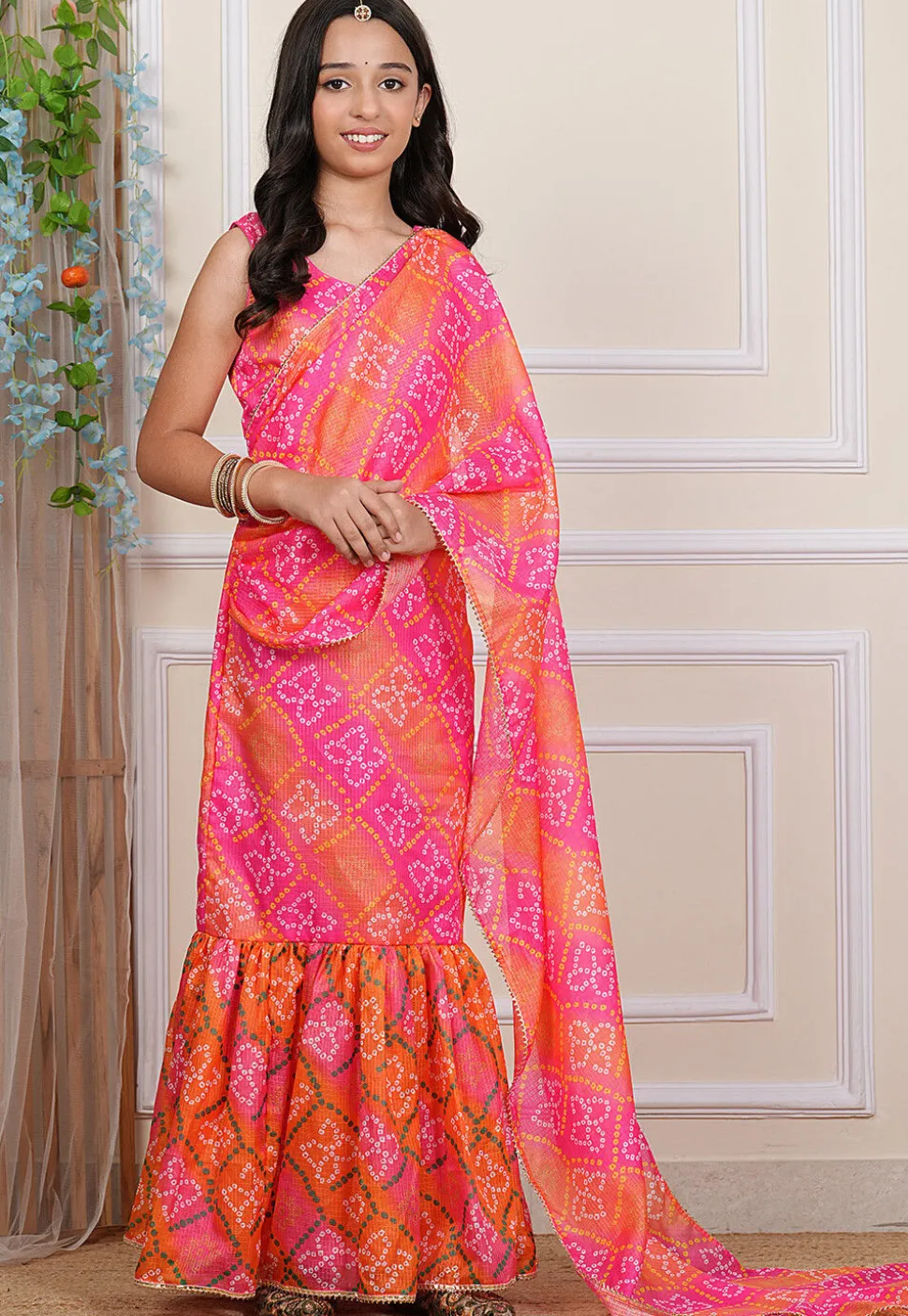 Bandhej Printed Kota Silk Gown with Attached Dupatta in Multicolor