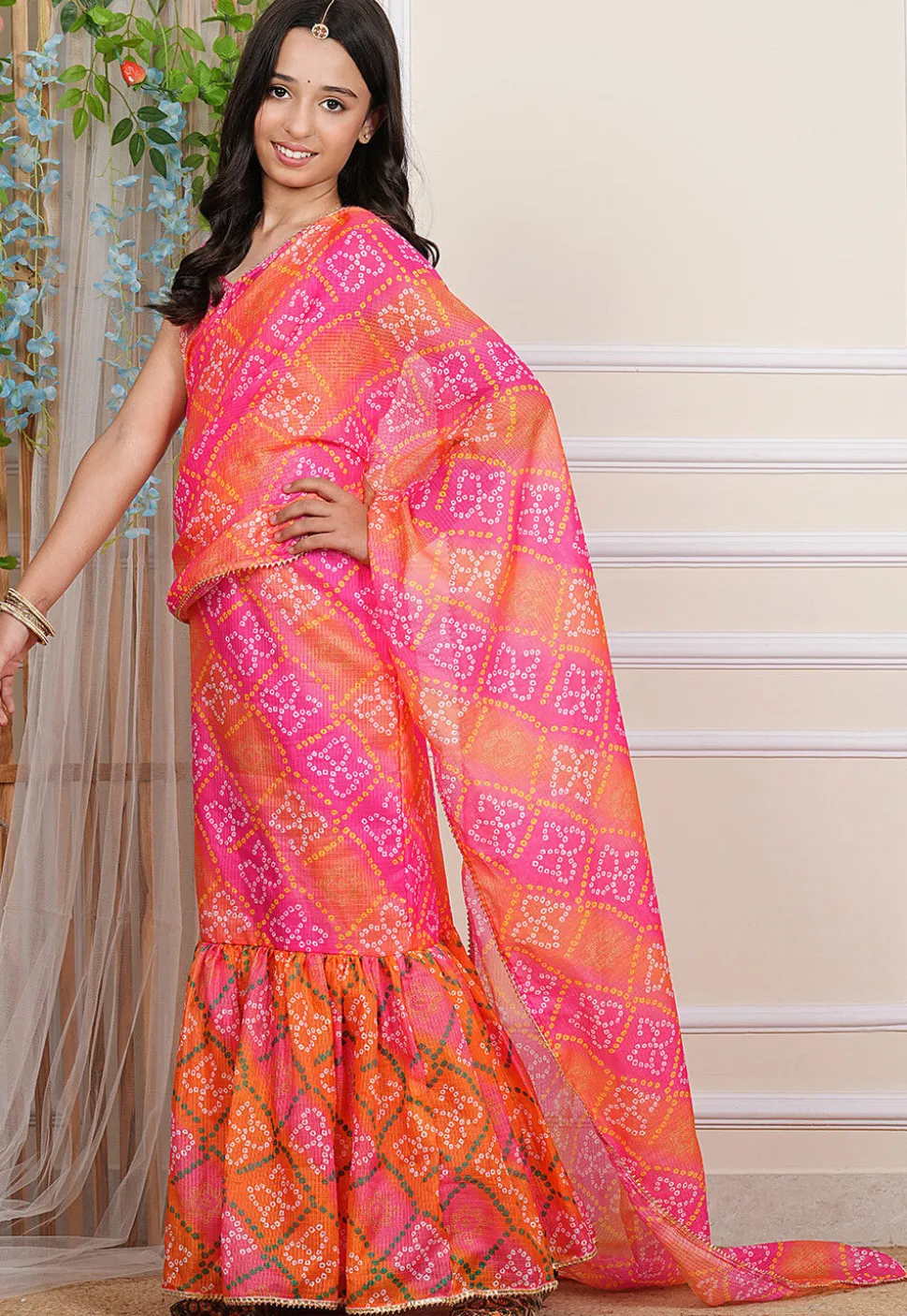 Bandhej Printed Kota Silk Gown with Attached Dupatta in Multicolor