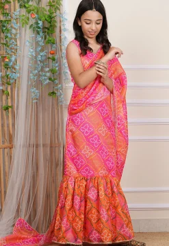 Bandhej Printed Kota Silk Gown with Attached Dupatta in Multicolor