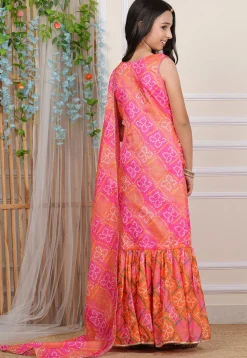 Bandhej Printed Kota Silk Gown with Attached Dupatta in Multicolor