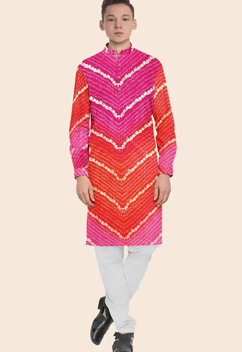 Bandhej Printed Kota Silk Kurta Set in Shaded Orange and Pink