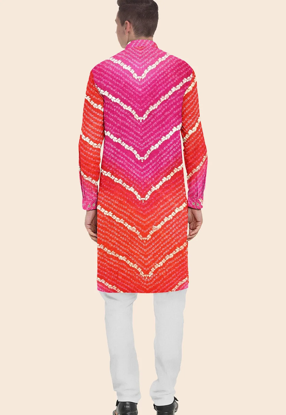 Bandhej Printed Kota Silk Kurta Set in Shaded Orange and Pink