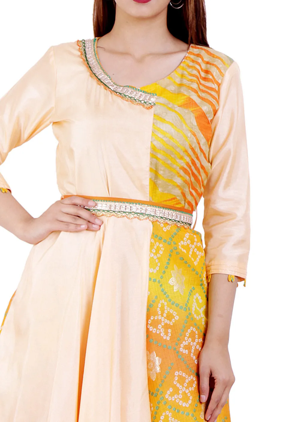 Bandhej Printed Kota Silk Asymmetric Kurta in Peach and Yellow