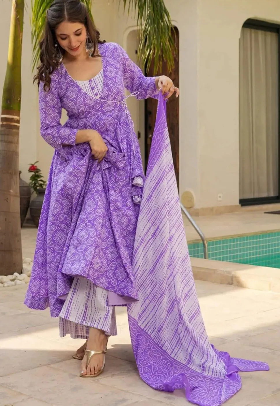 Bandhej Printed Muslin Cotton A Line Suit in Purple