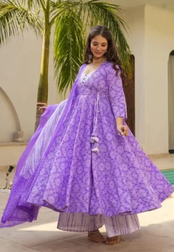 Bandhej Printed Muslin Cotton A Line Suit in Purple