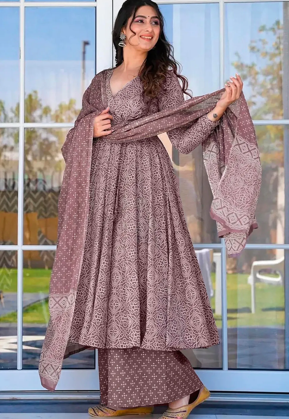 Bandhej Printed Muslin Cotton Pakistani Suit in Old Rose