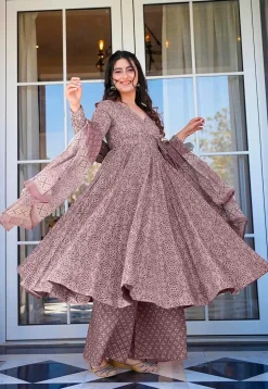 Bandhej Printed Muslin Cotton Pakistani Suit in Old Rose