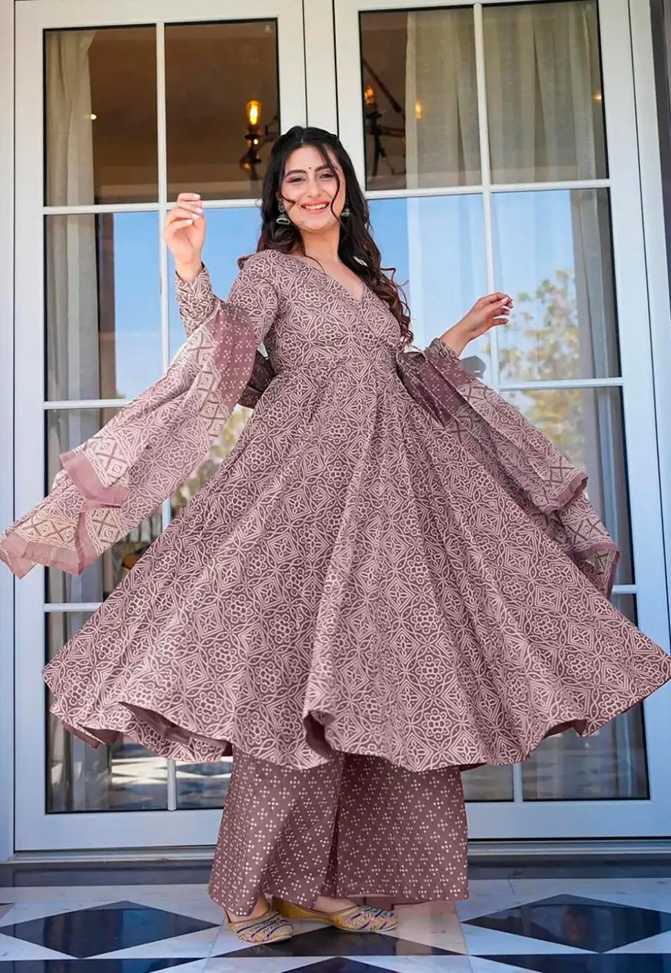 Bandhej Printed Muslin Cotton Pakistani Suit in Old Rose