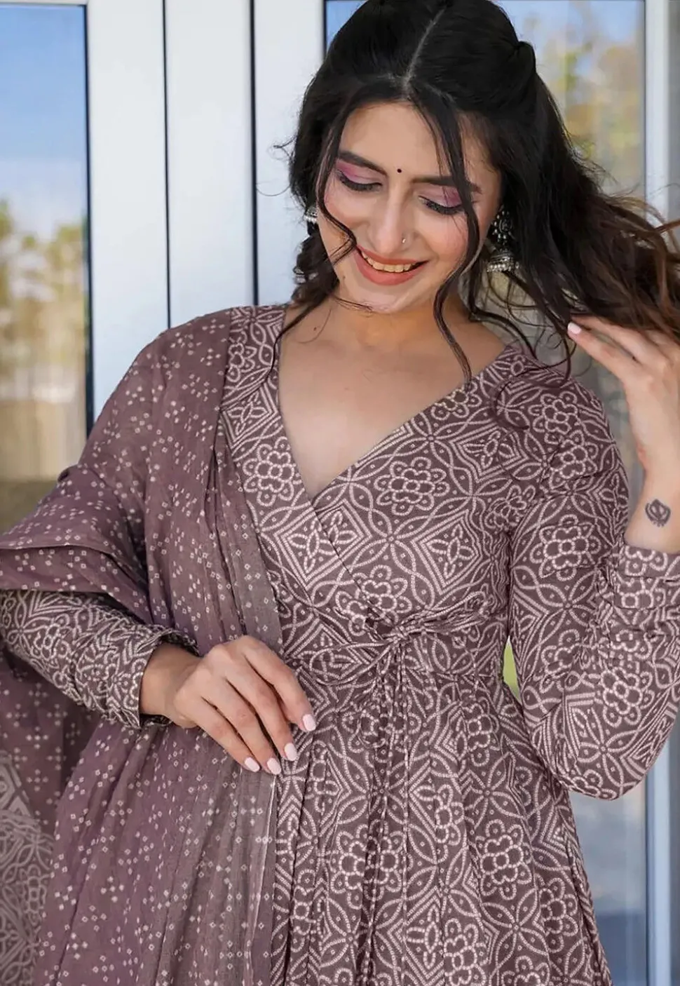Bandhej Printed Muslin Cotton Pakistani Suit in Old Rose