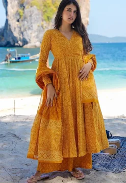 Bandhej Printed Muslin Cotton Pakistani Suit in Mustard
