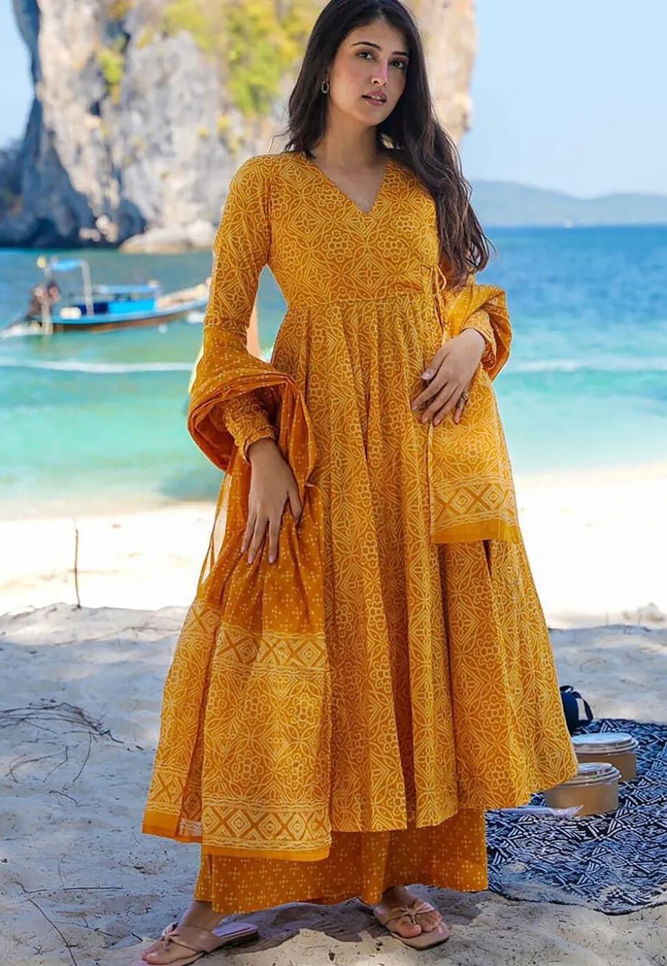 Bandhej Printed Muslin Cotton Pakistani Suit in Mustard